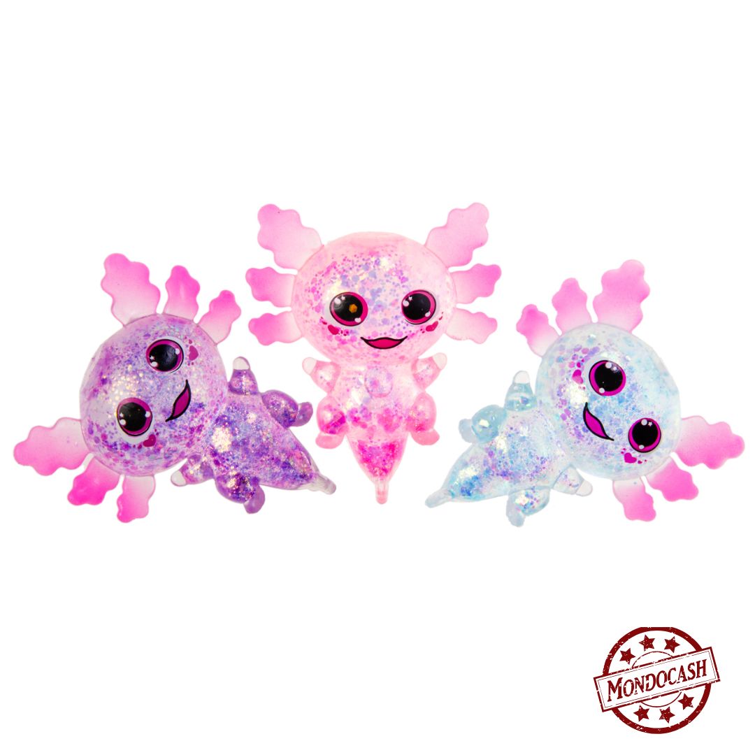 Axolotl antistress, à malaxer. s'étire et reprend sa forme, de couleur, rose, bleu, violet