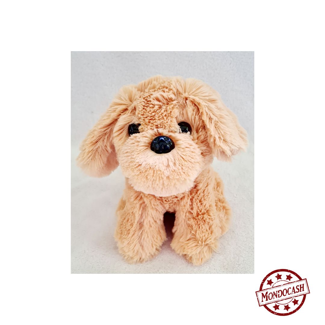Peluche chien assis, tout doux de couleurs : gris, marron, beige, crème, caramel