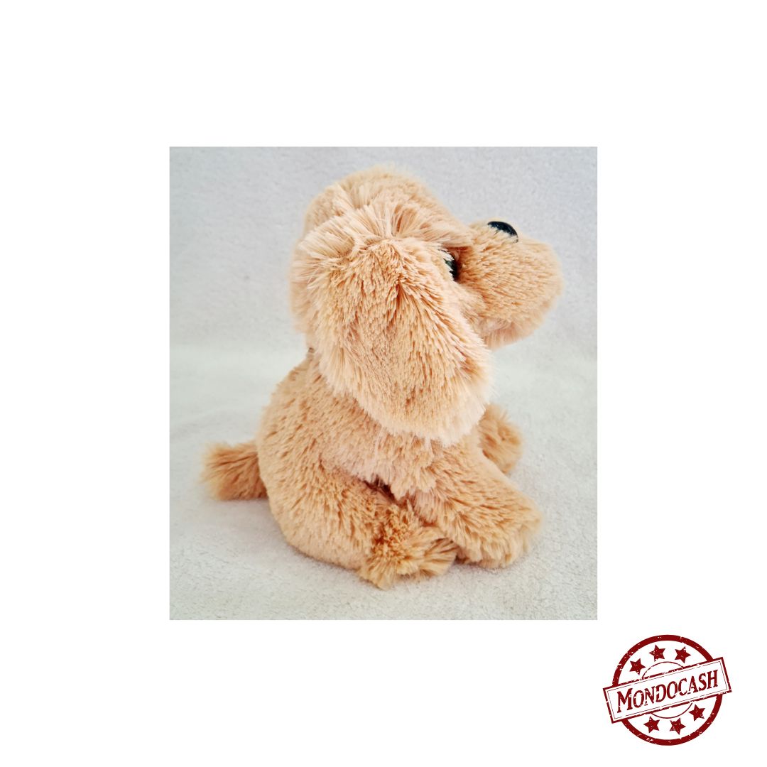 Peluche chien assis, tout doux de couleurs : gris, marron, beige, crème, caramel