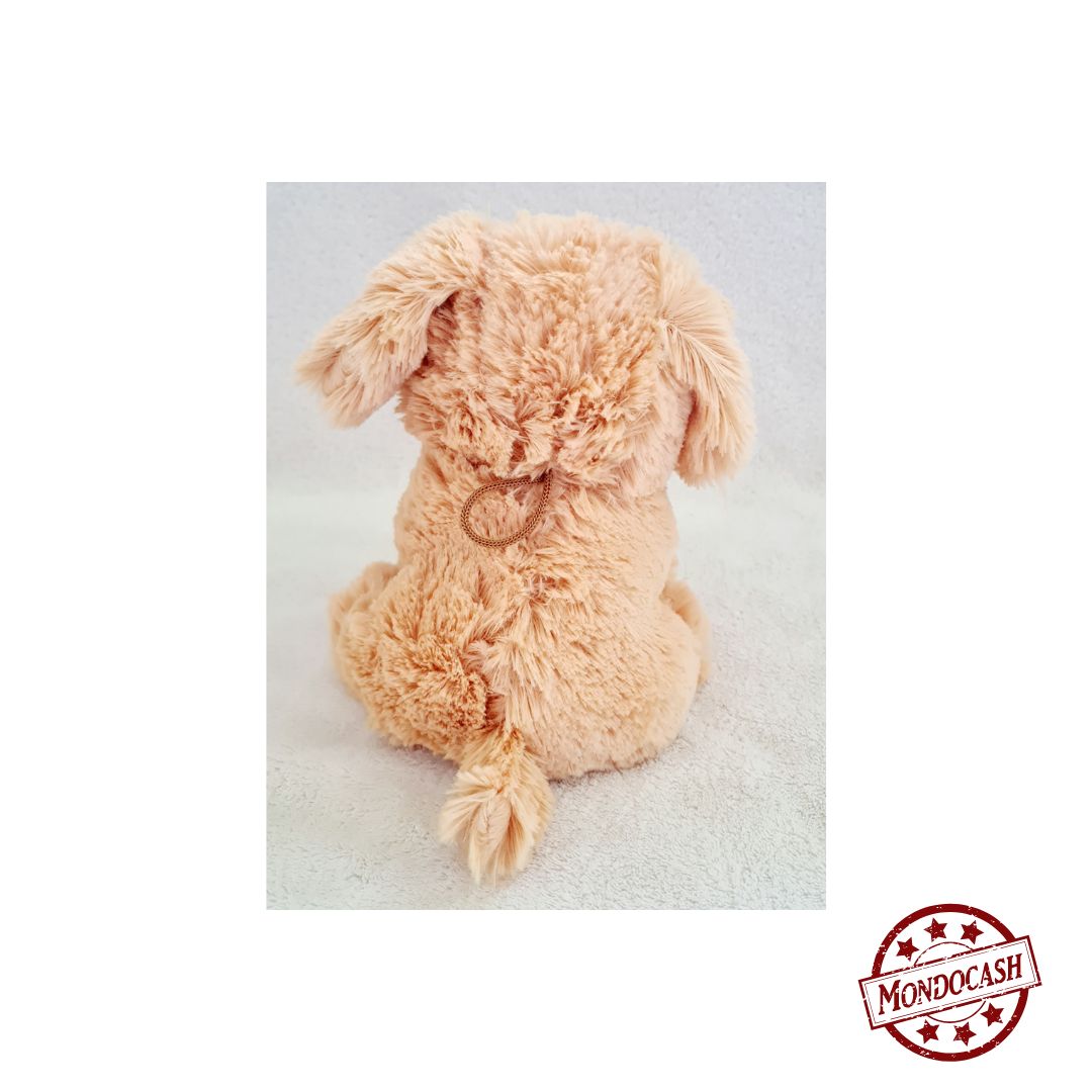 Peluche chien assis, tout doux de couleurs : gris, marron, beige, crème, caramel