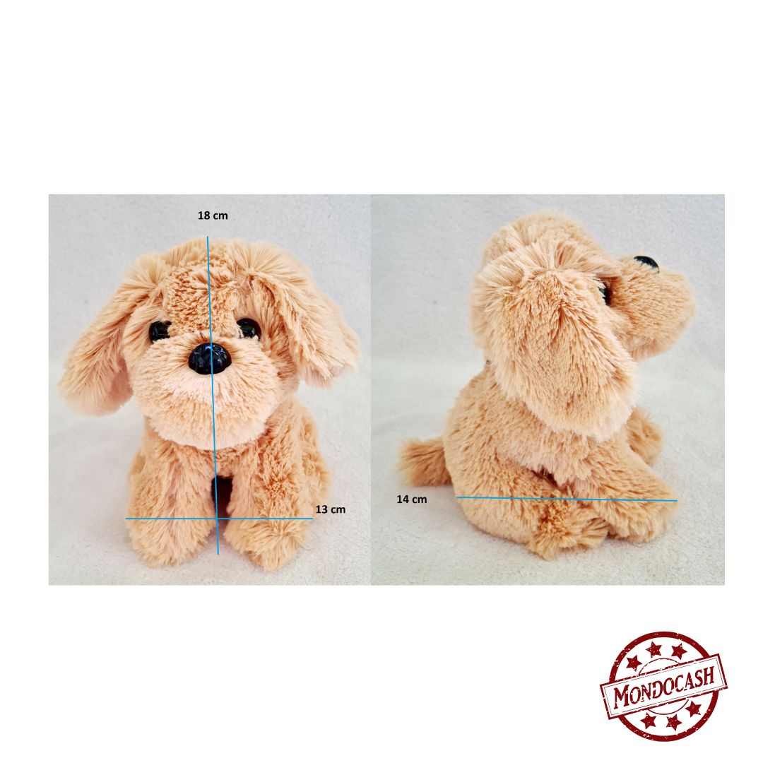 Peluche chien assis, tout doux de couleurs : gris, marron, beige, crème, caramel