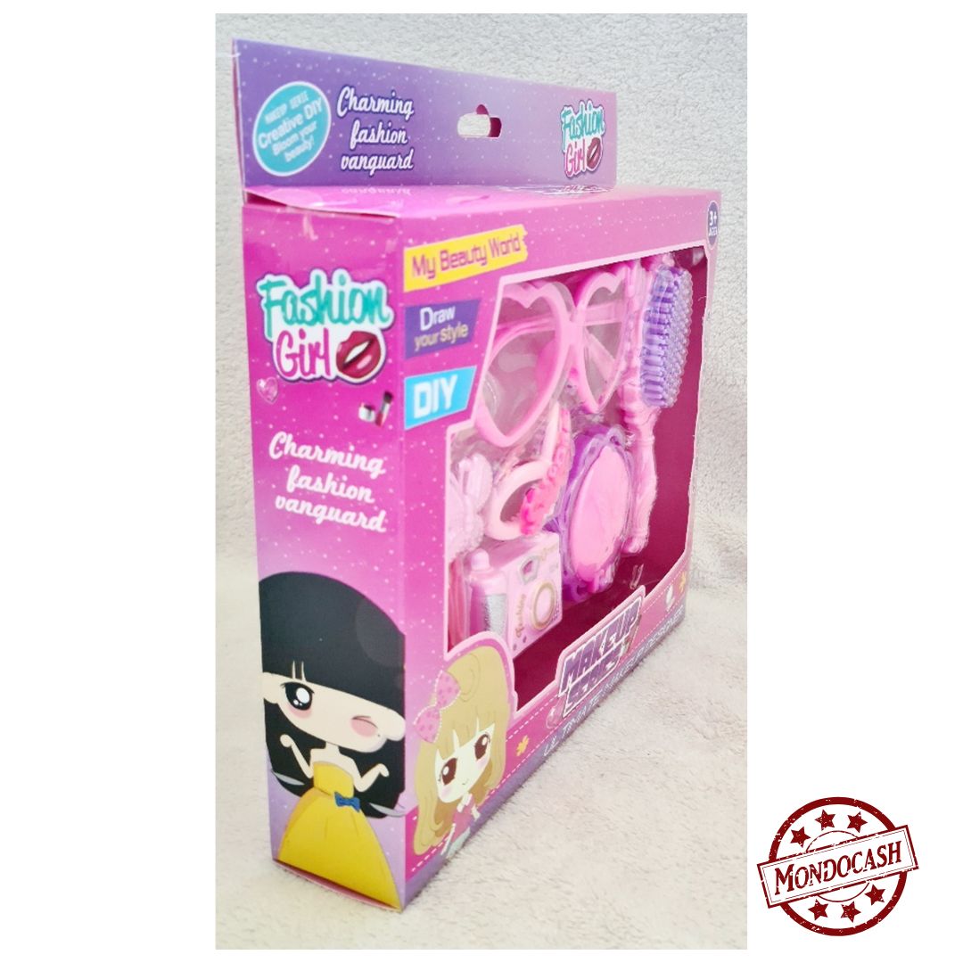Jouet de coffret 6/7 accessoires (brosse, lunettes, barrettes, appareil photo, miroir, mini sac, faux maquillage)