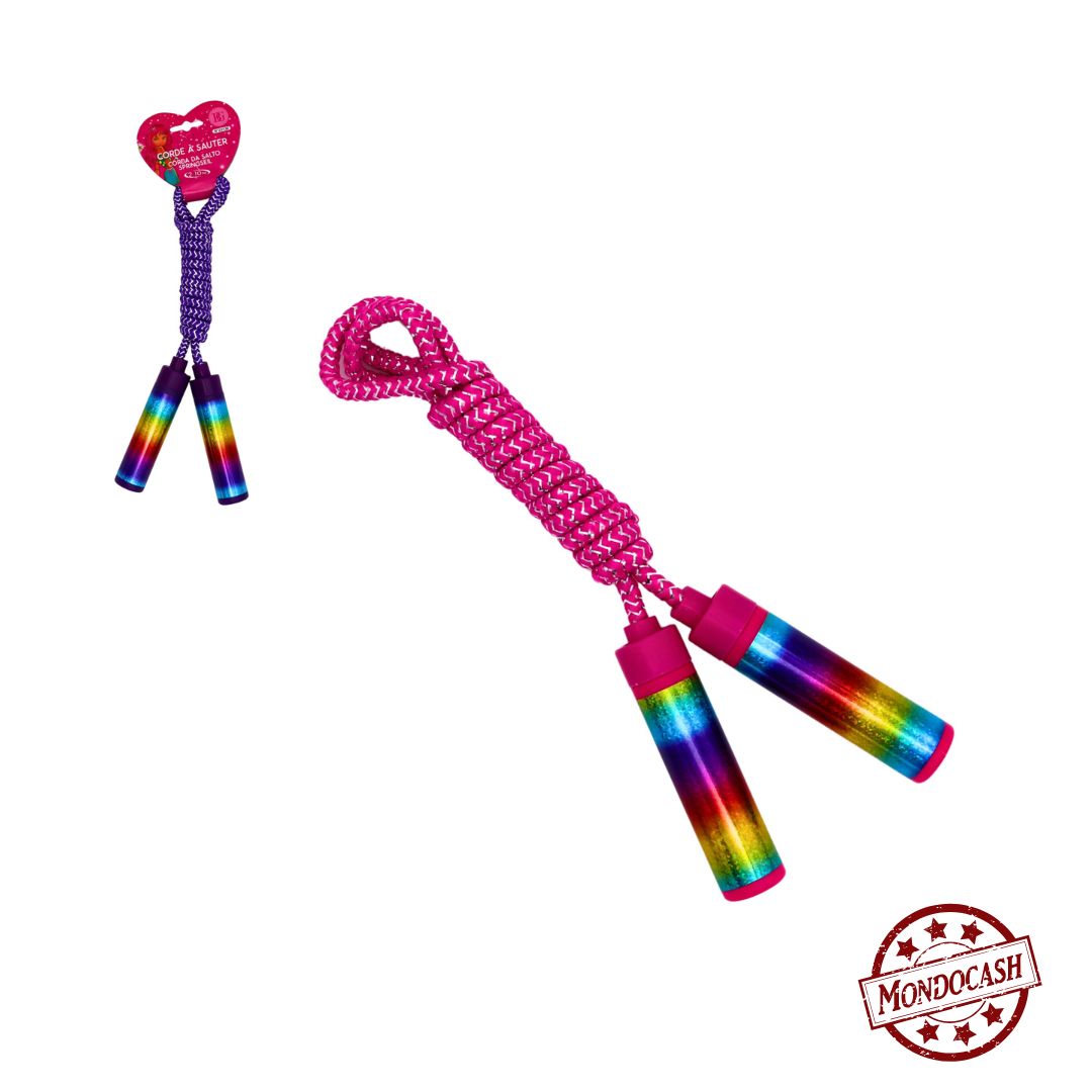 Corde à sauter arc-en-ciel : une corde à sauter colorée avec poignées effet arc-en-ciel, idéale pour les jeux en plein air et les activités sportives. Parfaite pour développer l'équilibre, la coordination et l'endurance tout en s'amusant,de couleur rose ou violette, 210 cm