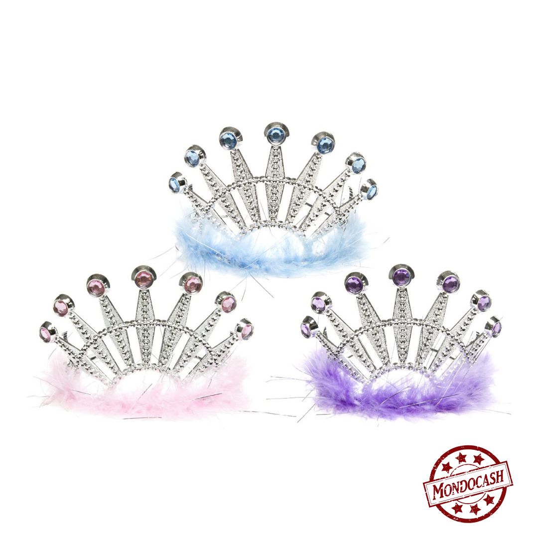 Jouet de couronne avec un boa de couleur bleu, rose ou violet avec des strass