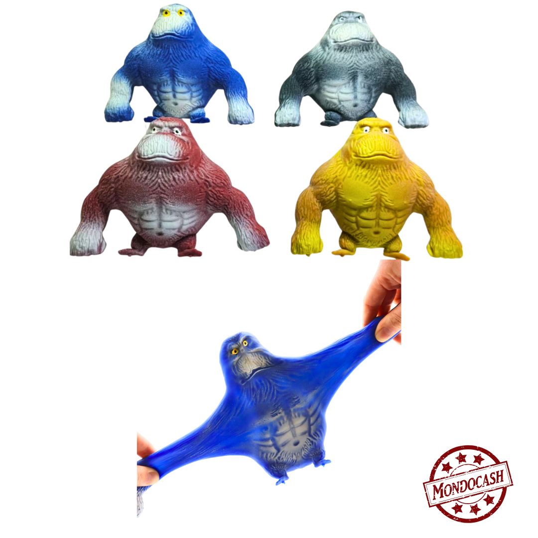 Jouet de gorille antistress à étirer et malaxer et il reprend sa forme, de couleur bleu, gris, marron ou jaun