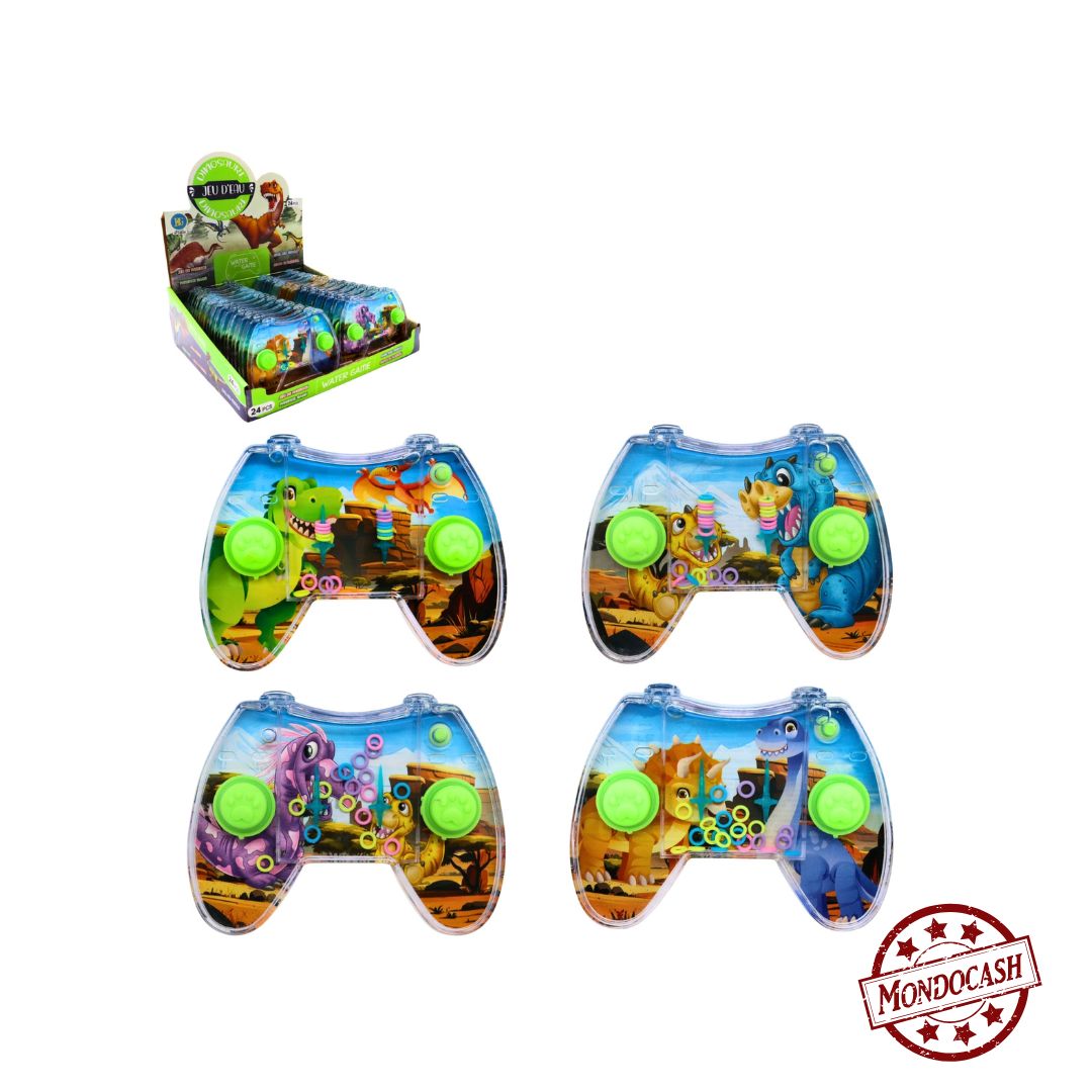 Jeu d'eau en forme de manette sur le thème des dinosaures, en appuyant sur le bouton l'air fait bouger les anneaux qu'il faut mettre sur les bâtonnets.