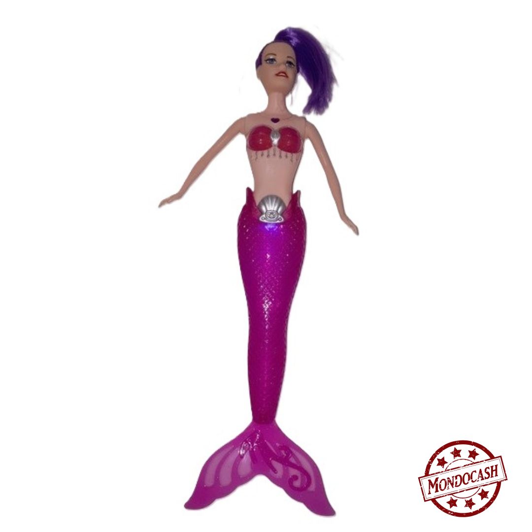 Jouet de poupée sirène articulée avec la queue transparente, cheveux colorés, bouton marche/ arrêt