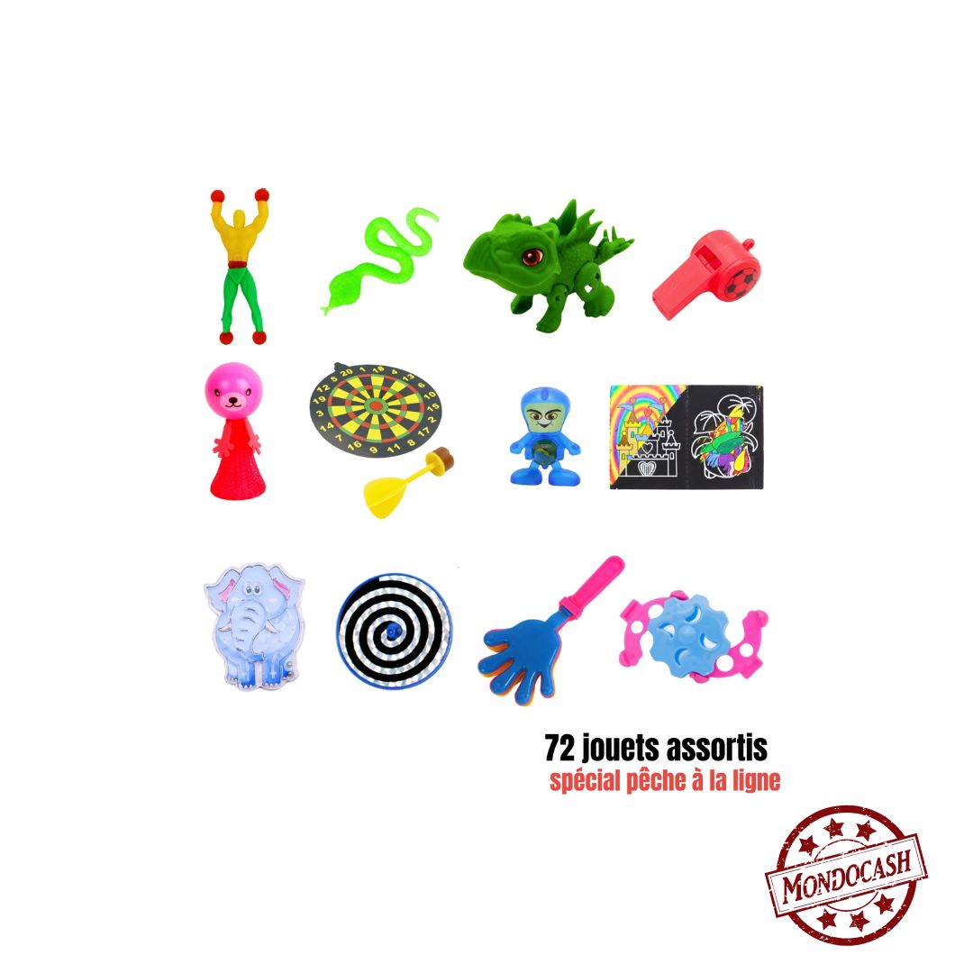 Lot de 72 jouets pour pêche à la ligne pour les fêtes des écoles avec 12 modèles assortis, des acrobates gluants, des labyrinthes, des jeux à gratter, des clappys, des cibles, des puces sauteuses, des lanceurs de billes, des toupies, des dinosaures à monter, des sifflets et des serpents collants