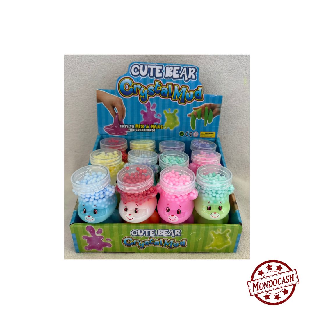 Jouet de pâte slime avec des microbilles. Flacon transparent en forme d'ourson. Slime de couleurs vert, violet, rose, bleu, et orange