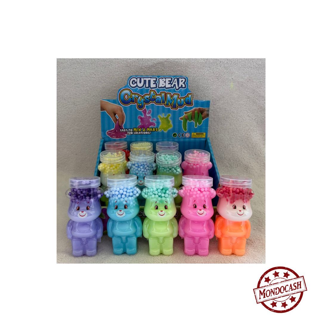 Jouet de pâte slime avec des microbilles. Flacon transparent en forme d'ourson. Slime de couleurs vert, violet, rose, bleu, et orange