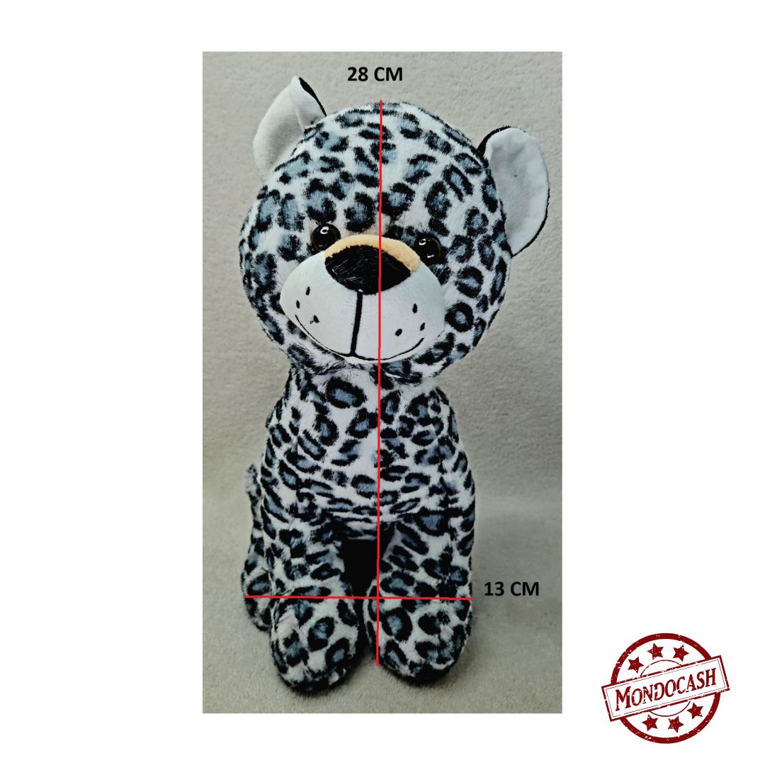 Peluche animaux assis, tigre, panthère, dalmatien, éléphant de couleurs blanc, noir, gris