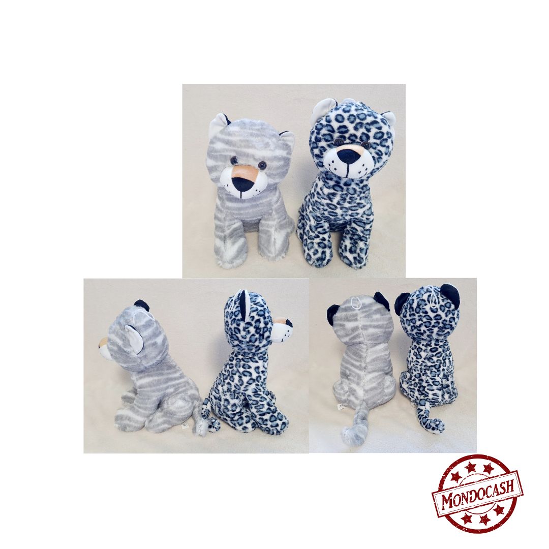 Peluche animaux assis, tigre, panthère, dalmatien, éléphant de couleurs blanc, noir, gris