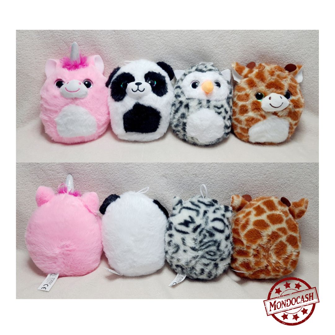 Peluche animaux boule, licorne, chouette, girafe, panda avec des yeux pailletés