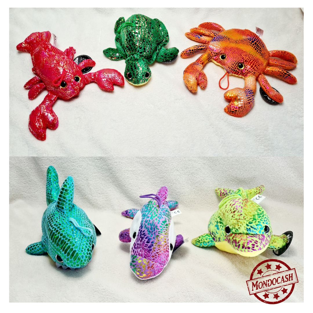 Peluche animaux marins, dauphin, requin, baleine, homard, crabe, tortue avec un tissu brillant