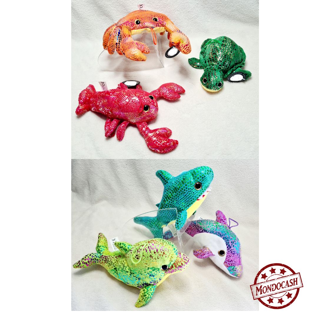 Peluche animaux marins, dauphin, requin, baleine, homard, crabe, tortue avec un tissu brillant