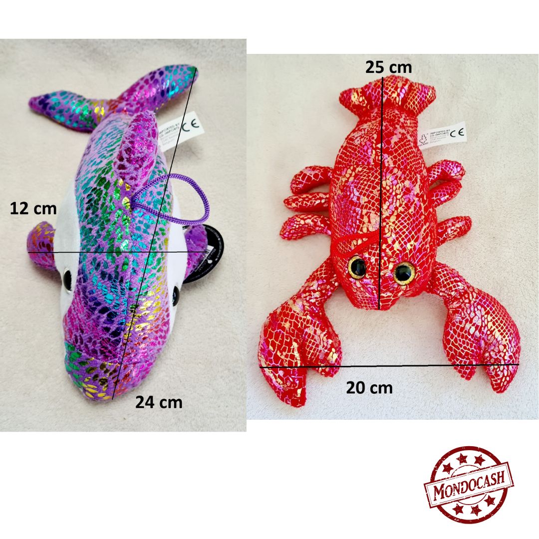 Peluche animaux marins, dauphin, requin, baleine, homard, crabe, tortue avec un tissu brillant