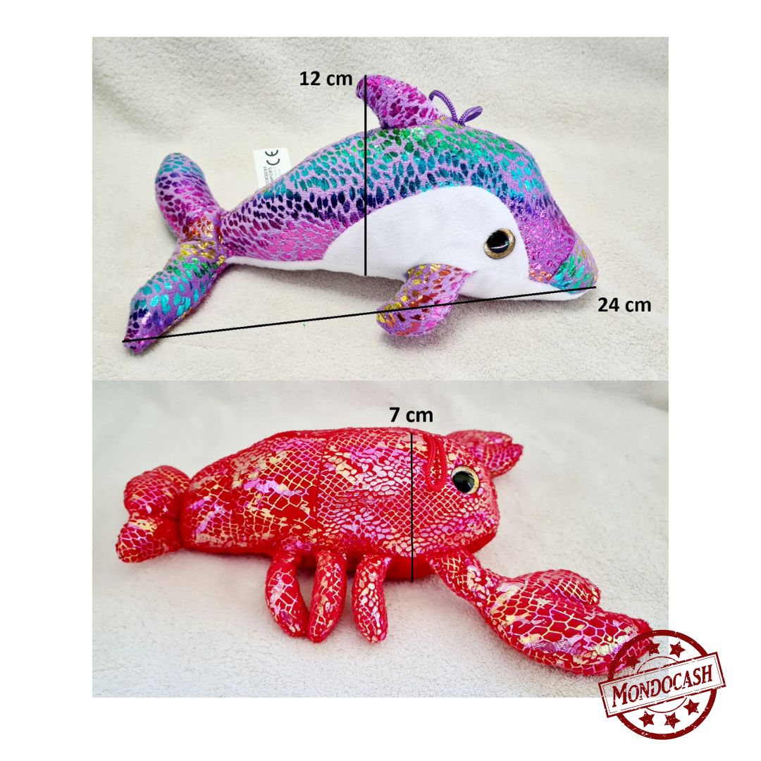 Peluche animaux marins, dauphin, requin, baleine, homard, crabe, tortue avec un tissu brillant