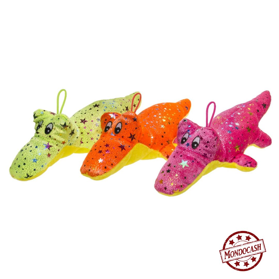 peluche crocodile 30 cm aux couleurs flashys orange, rose, jaune avec des étoiles brillantes