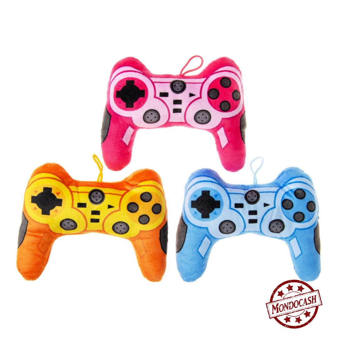 peluche manette de jeu avec 3 couleurs, jaune, bleu, rose, 17 cm