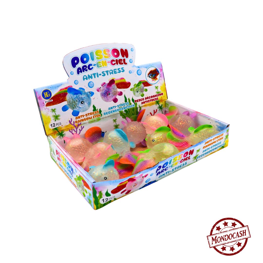 Poisson antistress, à malaxer en gel, s'étire et reprend sa forme de couleurs, transparent, rose et bleu