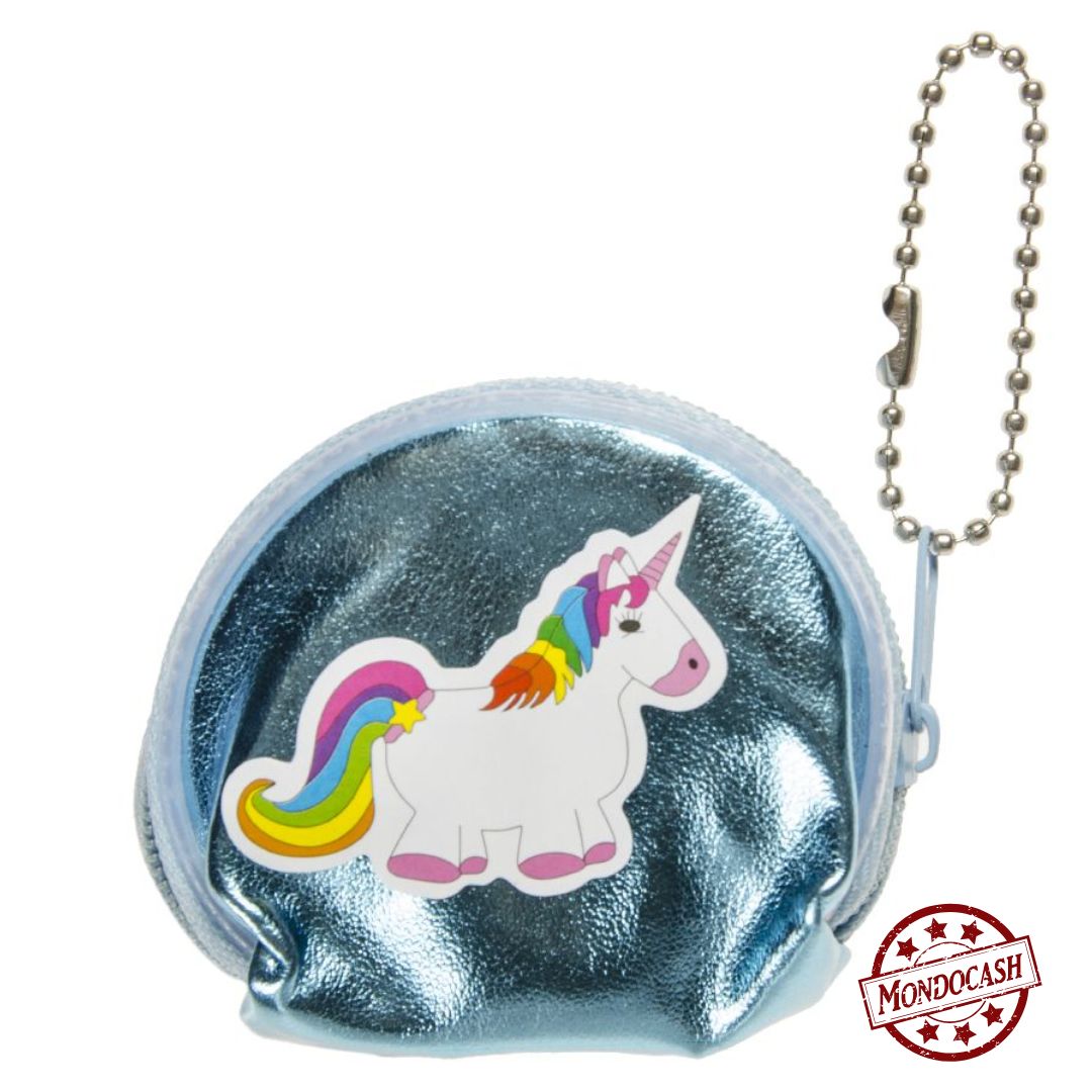 Porte monnaie, couleur métallisée, avec un dessin de licorne, avec fermeture éclair et porte clé