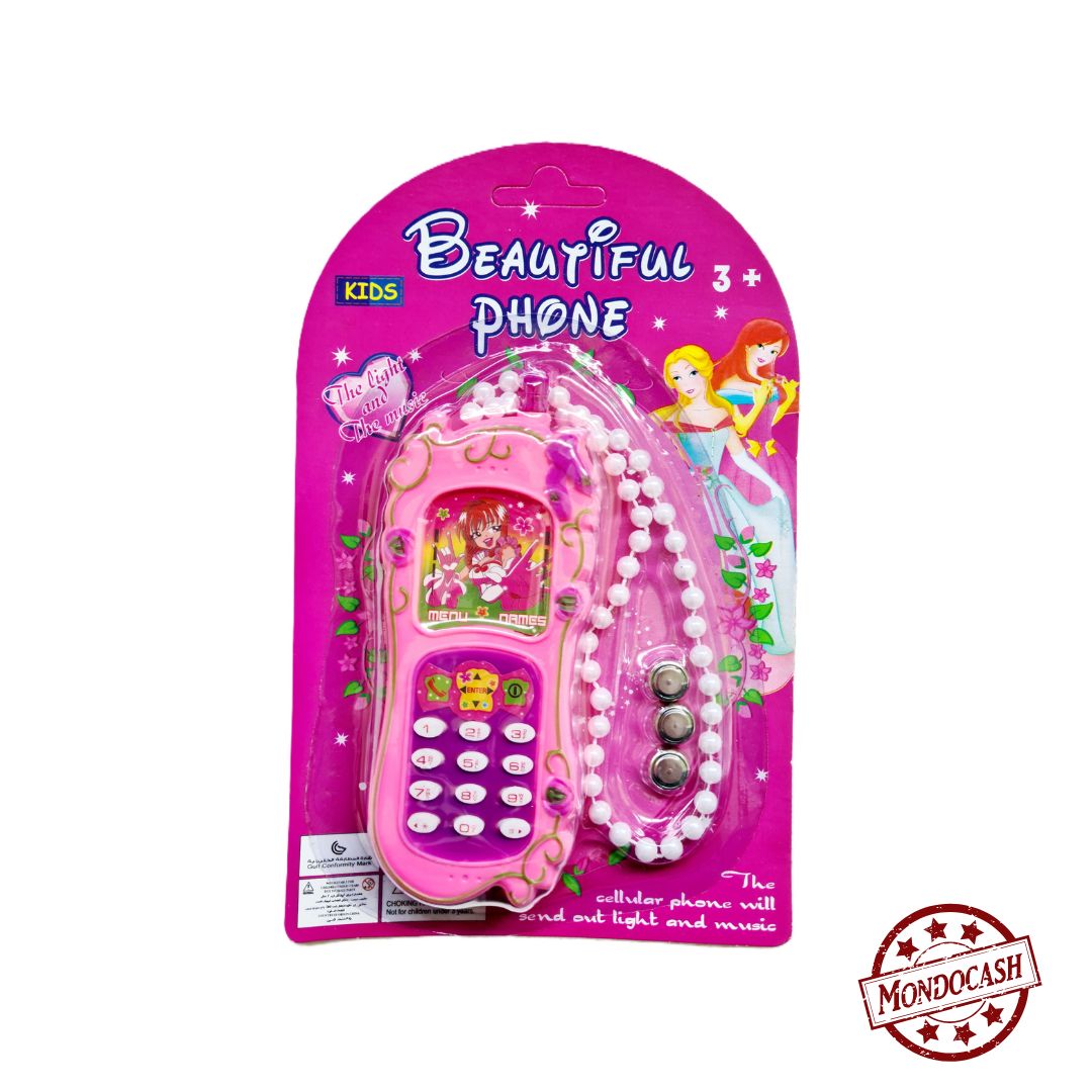 Jouet de téléphone musical et lumière avec cordon de perles, fonctionne avec 3 piles fournies de couleur rose