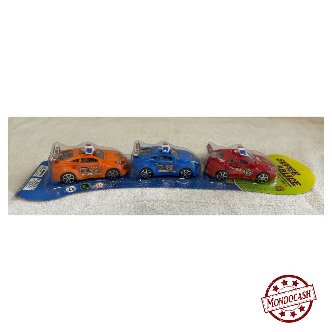 Panoplie de 3 jouets voitures de police rétrofriction, de couleurs bleu, orange, rouge et jaune