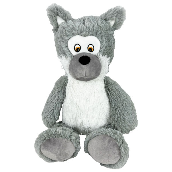 Peluche loup gris assis aux yeux brodés, peluche toute douce