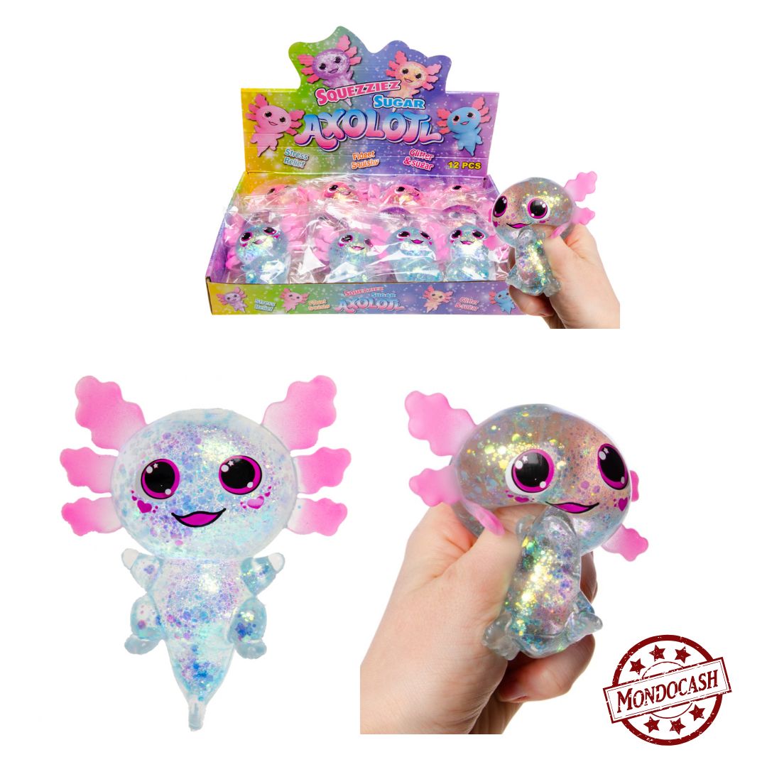 Axolotl antistress, à malaxer. s'étire et reprend sa forme, de couleur, rose, bleu, violet