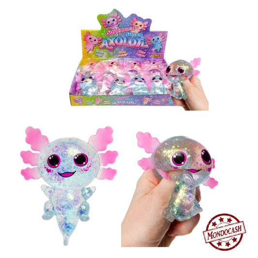 Axolotl antistress, à malaxer. s'étire et reprend sa forme, de couleur, rose, bleu, violet
