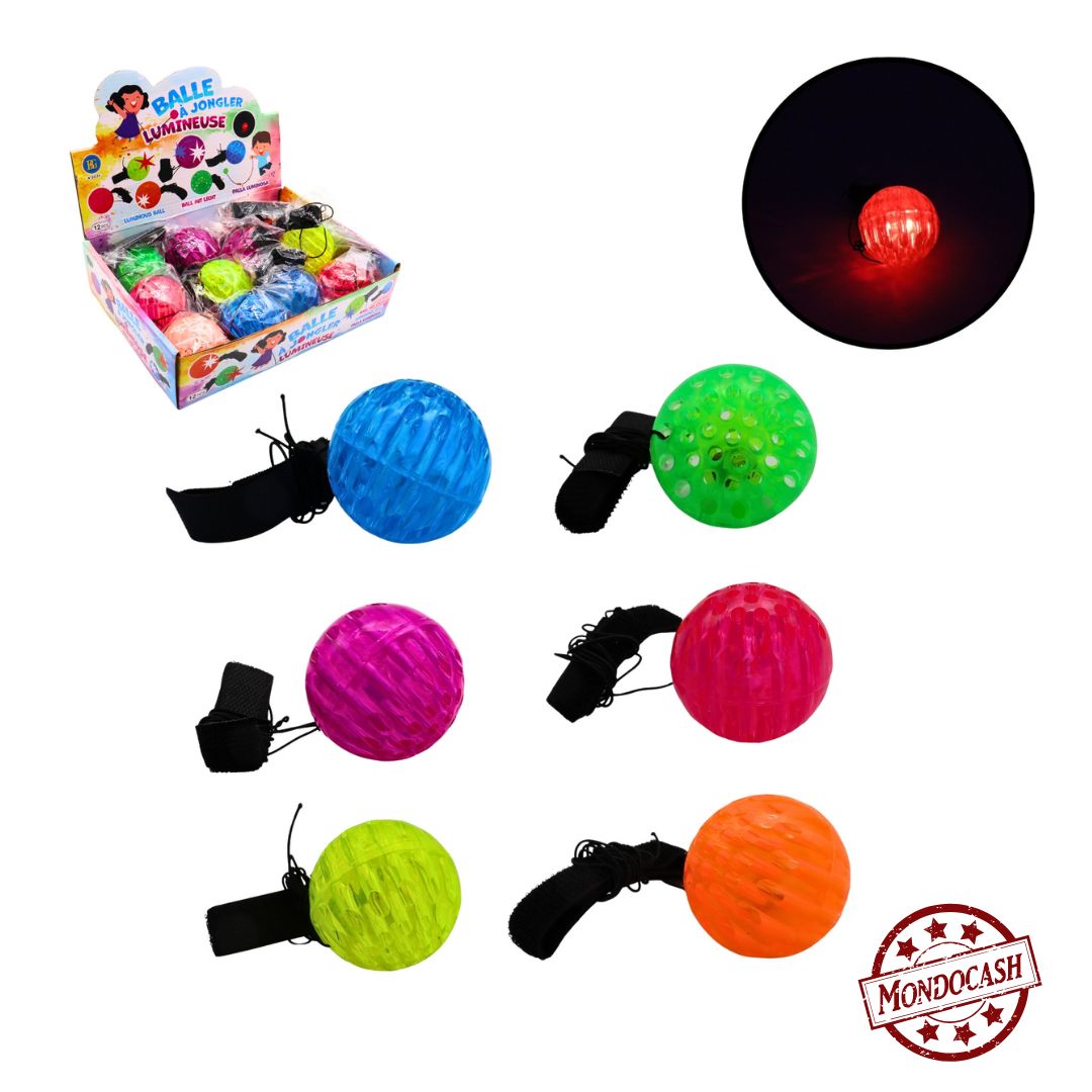 Balle lumineuse avec un élastique et un scratch qui s'accroche au poignet ou au pied pour jouer tout seul, couleur bleu, vert, rose, rouge, jaune, orange
