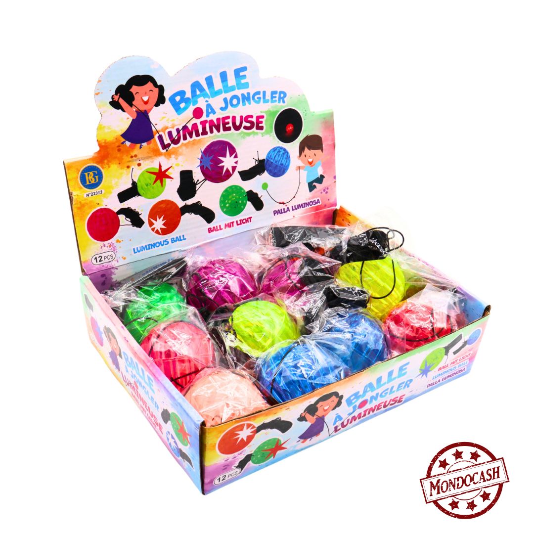 Balle lumineuse avec un élastique et un scratch qui s'accroche au poignet ou au pied pour jouer tout seul, couleur bleu, vert, rose, rouge, jaune, orange