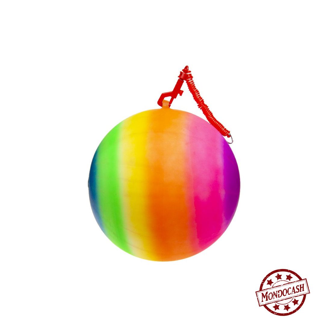 Ballon fluo arc en ciel avec un mousqueton à ressorts, à gonfler, emballé sous filet