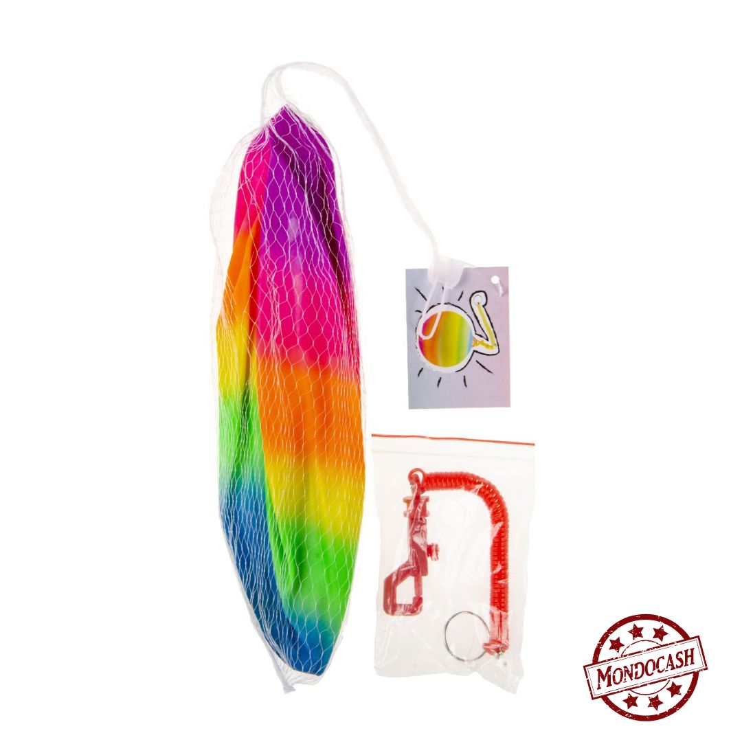 Ballon fluo arc en ciel avec un mousqueton à ressorts, à gonfler, emballé sous filet