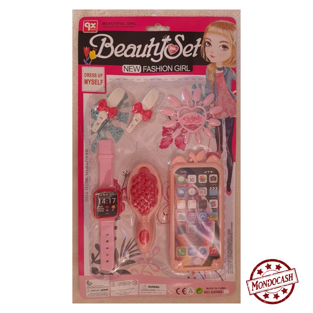 Jouet de téléphone rose avec une montre, une brosse, 2 barrettes, des faux ongles, de couleur rose
