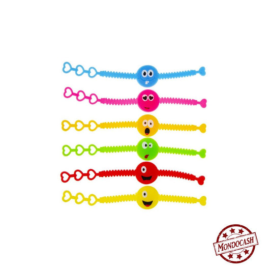 Bracelet en silicone ajustable avec un visage rond au mileu avec des expressions de couleurs bleu, rose, jaune, vert, rouge, jaune