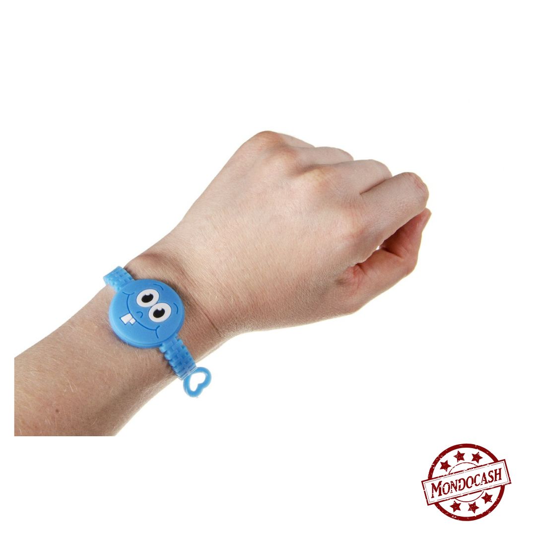 Bracelet en silicone ajustable avec un visage rond au mileu avec des expressions de couleurs bleu, rose, jaune, vert, rouge, jaune