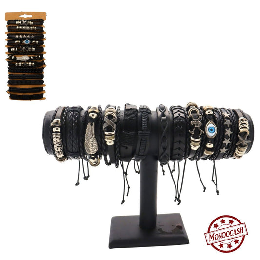 BRACELET CUIR NOIR PLAQUE METAL X12PCS (BG32626) 240/120