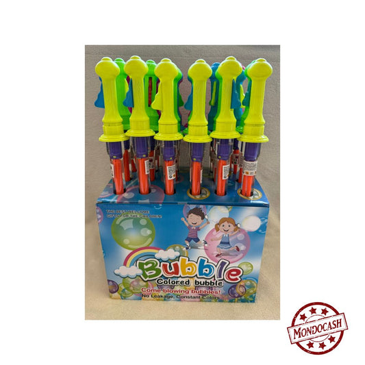 Bulles bâton 100 ml, 40 cm. En enlevant le bâton de l'étui, celui-ci s'ouvre et permet de faire de très grosses bulles.