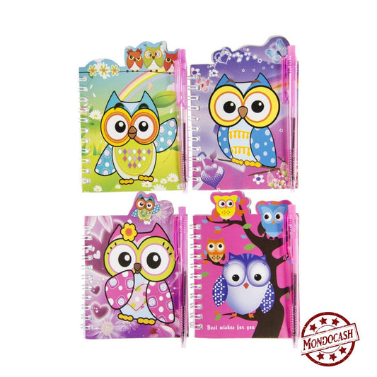 Carnet à spirales, 38 pages avec un stylo billes sur le thème de la chouette