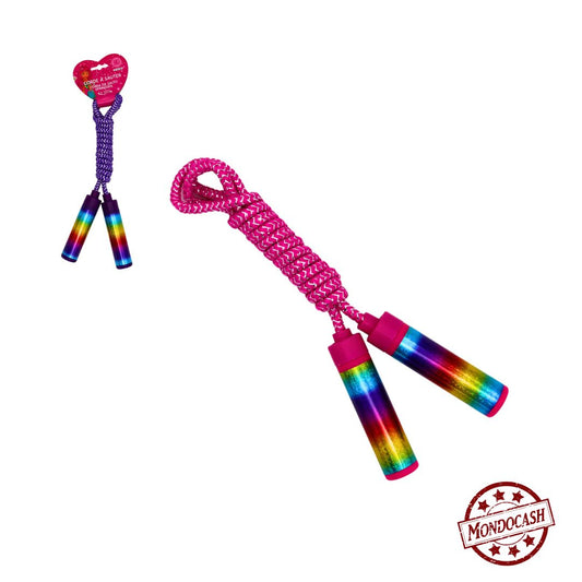 Corde à sauter arc-en-ciel : une corde à sauter colorée avec poignées effet arc-en-ciel, idéale pour les jeux en plein air et les activités sportives. Parfaite pour développer l'équilibre, la coordination et l'endurance tout en s'amusant,de couleur rose ou violette, 210 cm
