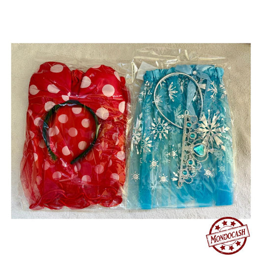Déguisement de princesse des neiges en bleu et de Minnie en rouge, jupe et serre tête