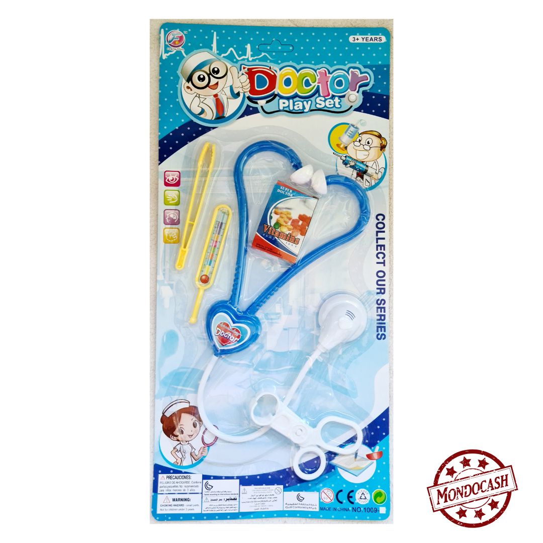 Jouet de panoplie docteur avec un stétoscope, une pince, un thermomètre, une boîte, un ciseau de couleurs blanc, bleu, jaune