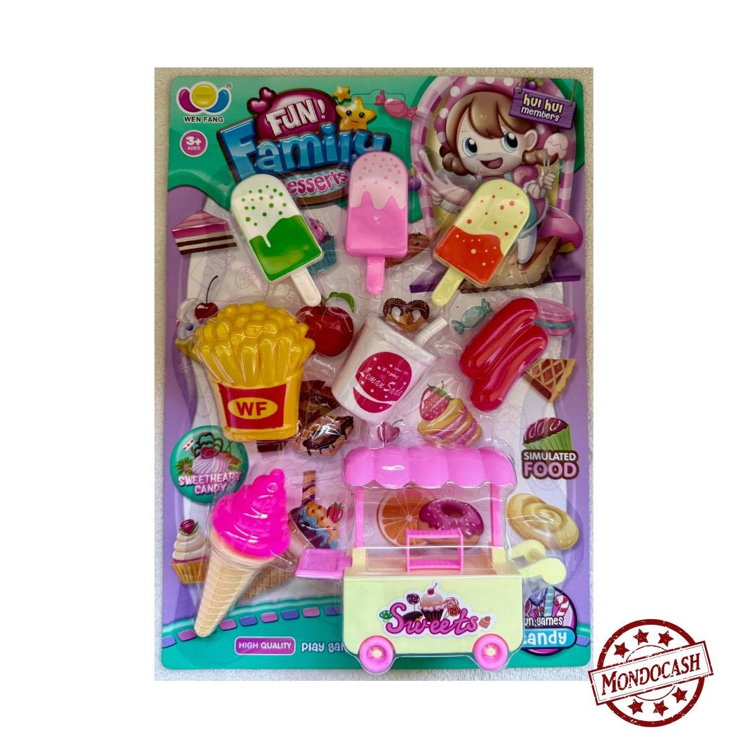 Jouet de gourmandises pour dinette, 3 glaces, 1 cornet de frites, 2 saucisses, 1 cornet de glace à l'italienne, 1 boisson et un chariot de glace