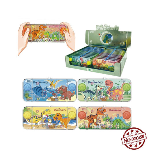 Jeu d'eau dinosaure, en forme de console de jeu, en appuyant sur le bouton, l'air fait bouger les anneaux qu'il faut mettre sur les bâtonnets.