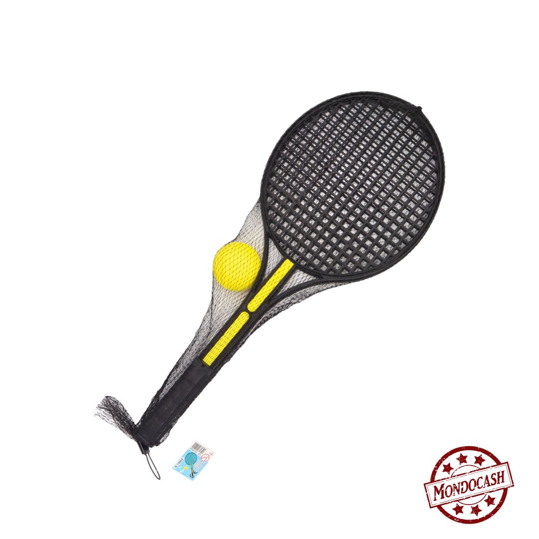 Jeu de badminton avec 2 raquettes noires et jaune et une balle en mousse jaune