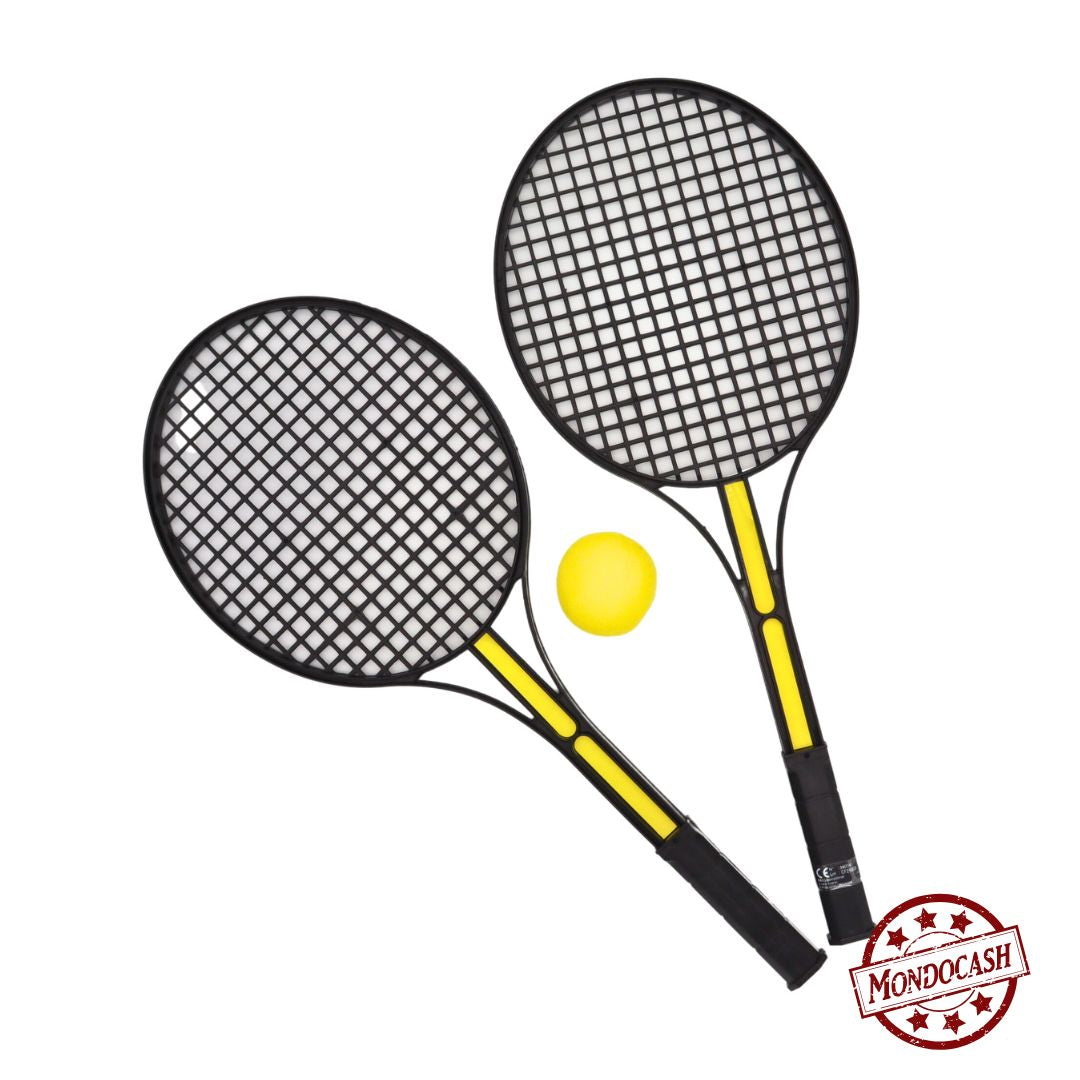 Jeu de badminton avec 2 raquettes noires et jaune et une balle en mousse jaune