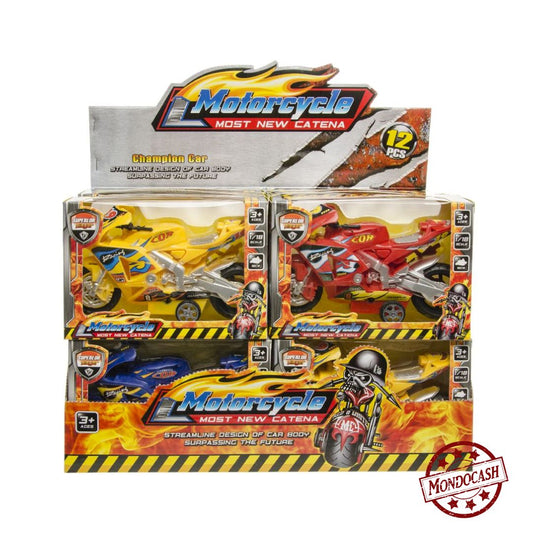 Jouet de moto rétro friction, présenté dans une boîte vitrine et dans une boîte présentoir, couleurs jaune, rouge, bleu, 15 cm