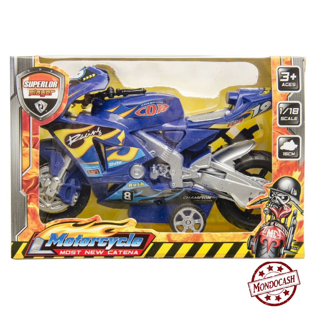 Jouet de moto rétro friction, présenté dans une boîte vitrine et dans une boîte présentoir, couleurs jaune, rouge, bleu, 15 cm