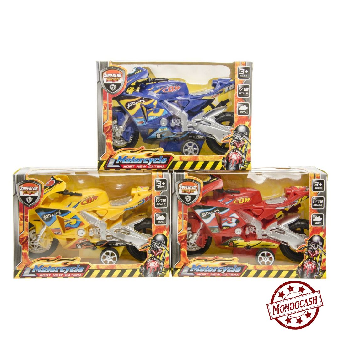Jouet de moto rétro friction, présenté dans une boîte vitrine et dans une boîte présentoir, couleurs jaune, rouge, bleu, 15 cm
